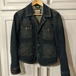 Ruff Hewn Well Worn Jean Jacket. Sz small. Lined with green floral fabric.